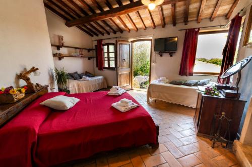 a bedroom with two beds and a television in a room at Podere Santa Maria in Monte Antico