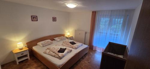 a bedroom with a bed with two pillows and a television at Iglica Apartments - First Floor in Bohinjska Bela