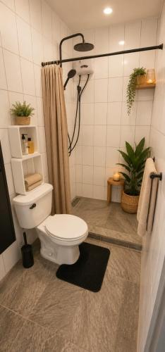 a bathroom with a toilet and a shower at Island Vibes Apartment in Noord