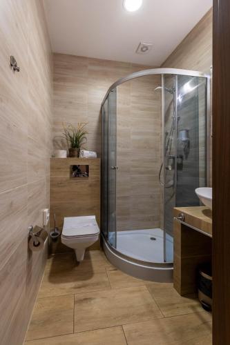 a bathroom with a shower and a toilet and a sink at Hotel Diamond w Białym Dworku in Rumia