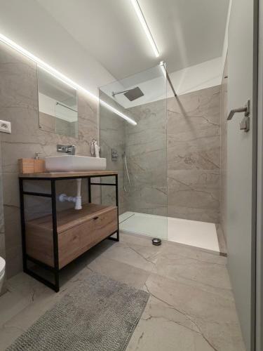 a bathroom with a sink and a shower at Chata ŠENKÁRKA Zuberec in Zuberec