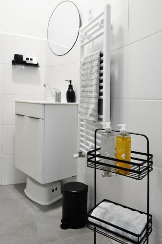 a white bathroom with a sink and a mirror at Centrum Comfort Apartment in Rimavská Sobota