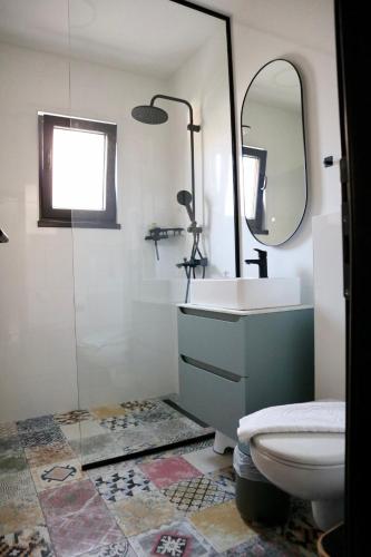a bathroom with a sink and a toilet and a mirror at Villa Vincek in Mostar