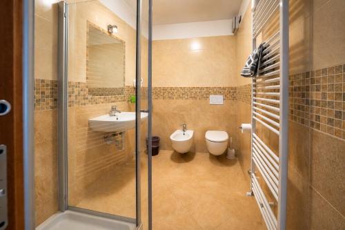 a bathroom with a shower and a sink and a toilet at Rifugio Capanna Bill in Rocca Pietore
