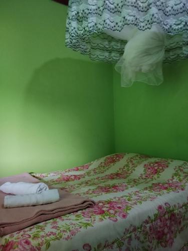 a green room with a bed with towels on it at Quarto Oliveira in Ibicoara