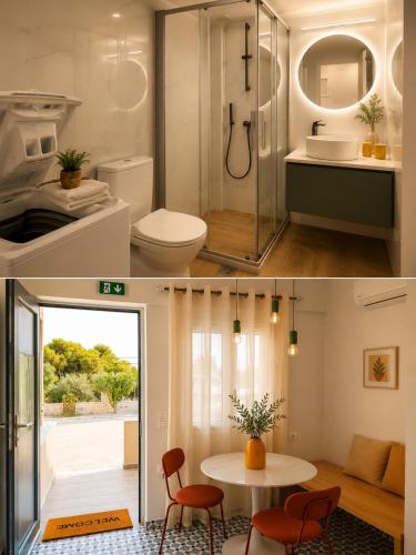 two pictures of a bathroom with a toilet and a sink at Noéma Mani Boutique Residences in Gythio