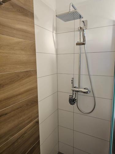a shower in a bathroom with white tiles at Ferienhaus Teichalm in Lantsch