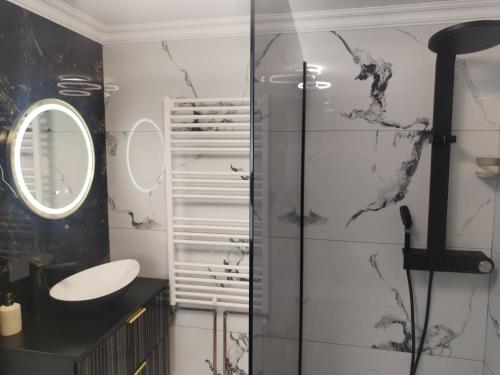 a bathroom with a shower and a sink and a mirror at Vila Cristal in Arefu