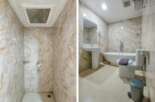 two pictures of a bathroom with a sink and a toilet at Onih Hotel in Bogor