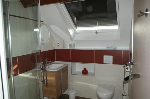 a bathroom with a shower and a toilet and a sink at Chambres d'hôtes Arcelot in Arceau