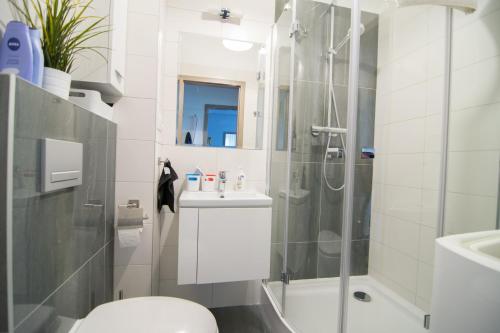 ワルシャワにあるBright Apartment Hozaのバスルーム(シャワー、トイレ、シンク付)