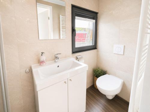 ein Badezimmer mit einem weißen Waschbecken und einer Toilette in der Unterkunft Floatinghouse LP16 in Braunsbedra