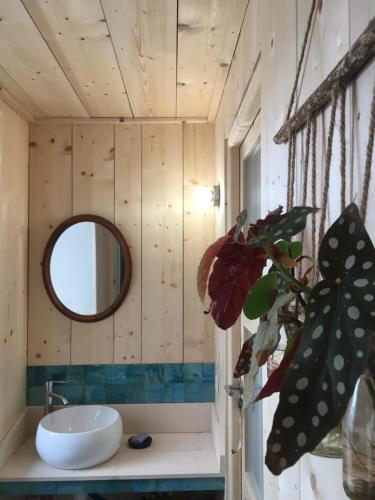 a bathroom with a sink and a mirror at La maison des ponts in Pont-sur-Madon