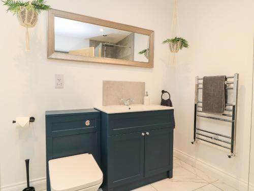 a bathroom with a blue cabinet and a sink at Cern-Wyn in Chippenham