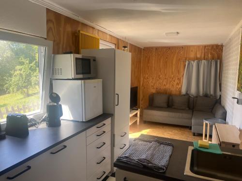 a kitchen with a refrigerator and a living room at wiesenhimmel cozy, Tiny house with sauna in Forchtenberg