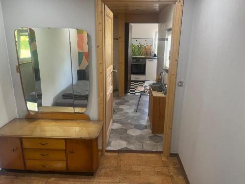 a bathroom with a mirror on a dresser and a kitchen at wiesenhimmel cozy, Tiny house with sauna in Forchtenberg