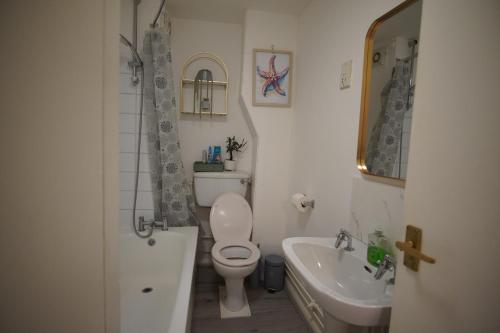 a small bathroom with a toilet and a sink at Ground floor sea view flat Hastings in Hastings