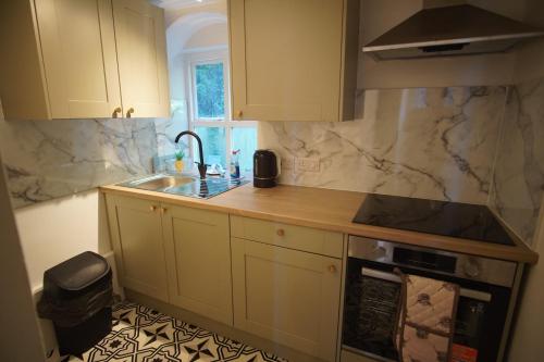 a kitchen with a sink and a counter top at Ground floor sea view flat Hastings in Hastings