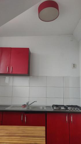 a kitchen with red cabinets and a sink at Enjoy strudio apartment M in Murfatlar