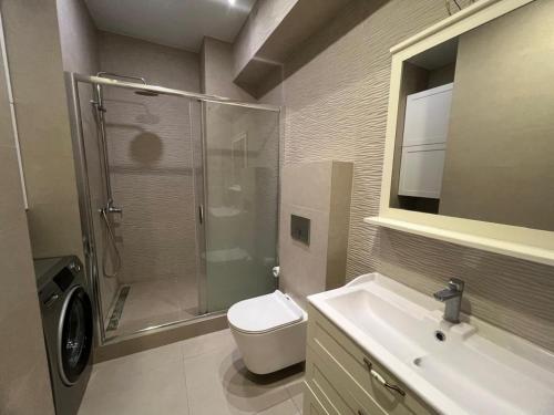 a bathroom with a shower and a toilet and a sink at Guest Apart in Ozurgetʼi