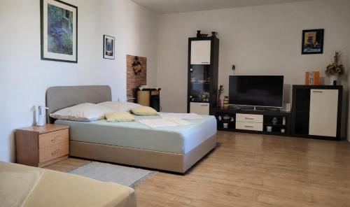 a bedroom with a bed and a flat screen tv at Apartments Ivka & Garden in Senj