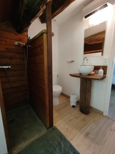 a bathroom with a toilet and a sink at La Bouriotte Chambre d'hôtes Bouton D'Or in Labastide-Rouairoux