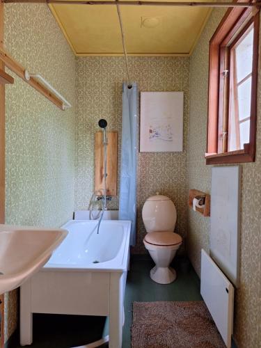 a bathroom with a tub and a toilet and a sink at Gyllene tranans hus in Gammalstorp