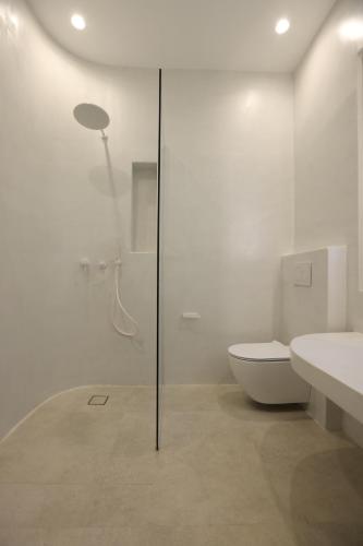 a white bathroom with a shower and a toilet at Three Drops in Kanala