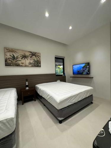 a bedroom with two beds and a flat screen tv at The Villa at Mertolas in Alitagtag