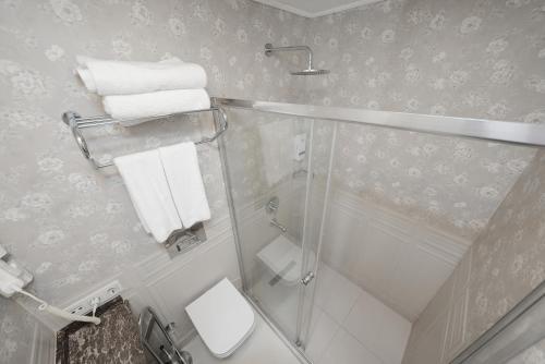 a bathroom with a shower and a toilet and towels at Ersari Hotel in Istanbul