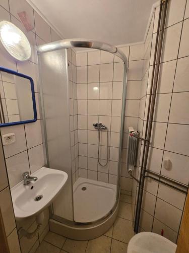 a bathroom with a shower and a sink at Willa Zwinka in Szczawnica