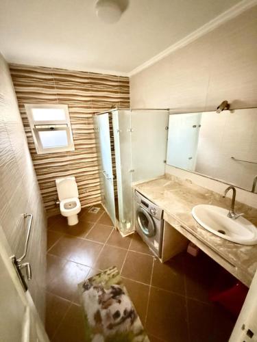 a bathroom with a sink and a washing machine at شاليه بقرية الفيروز in Qaryat Shurūq