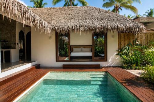 a villa with a swimming pool and a thatch roof at Nayma Villas in General Luna