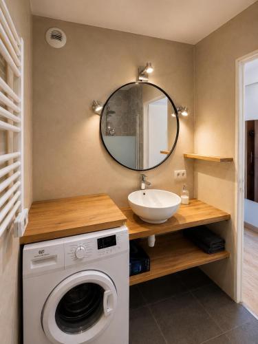 a bathroom with a washing machine and a sink at Résidence Riviera Parc in Cagnes-sur-Mer