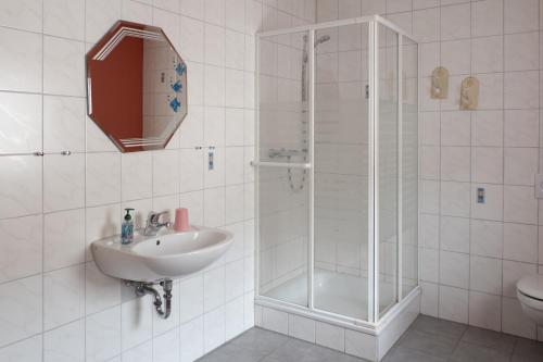 a bathroom with a shower and a sink at Ferienwohnung Weißburgunder in Klüsserath