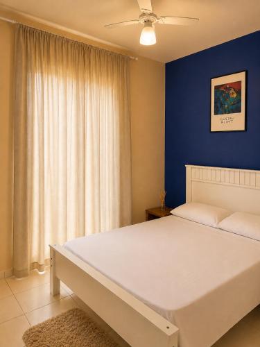 a bedroom with a large bed and a blue wall at Cantinho Xodó in Capitólio