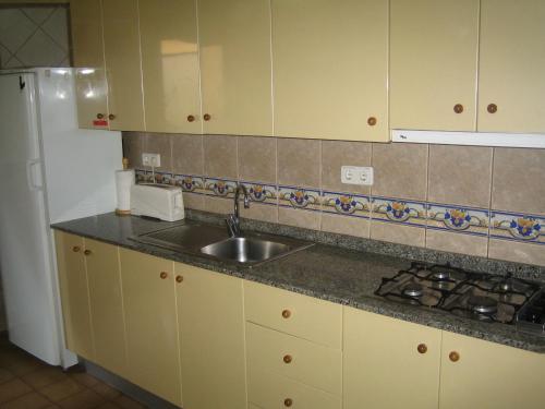 a kitchen with a sink and a refrigerator at Pension Alamar in Barcelona