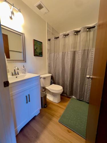a bathroom with a sink and a toilet and a shower at Charming studio one mile from beach in Aptos