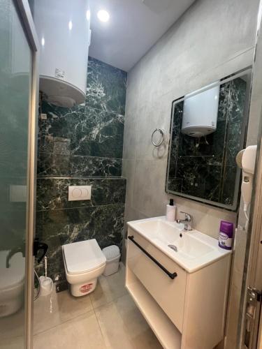 a bathroom with a white sink and a toilet at Skampa Apartment in Elbasan