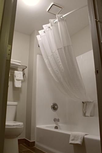 a bathroom with a tub and a toilet and a shower curtain at Days Inn by Wyndham West-Eau Claire in Eau Claire