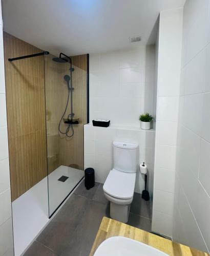 a white bathroom with a toilet and a shower at El Sueño De Albarracín IV in Albarracín