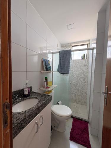 a bathroom with a toilet and a sink and a shower at Summer house in Olinda