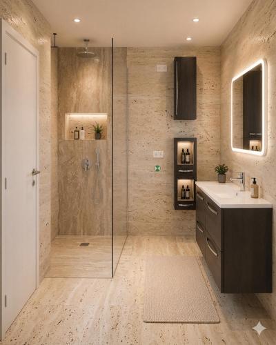 a bathroom with a shower and a sink and a glass shower stall at Chambre d'hôtes de la dame blanche in Borrèze
