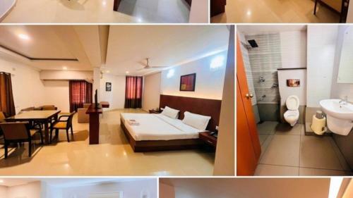 a collage of photos of a hotel room with a bed and a bathroom at Hotel Holiday Park,Thalassery in Green Island