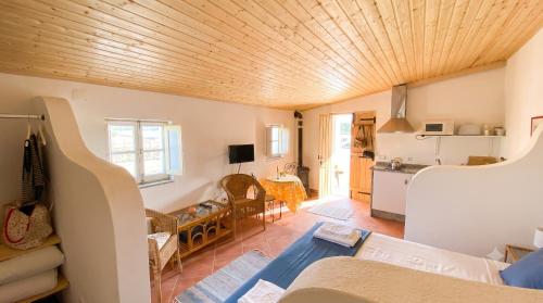 a living room with a couch and a kitchen at Kochab Alentejo in Crato