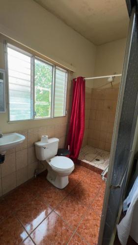 a bathroom with a white toilet and a shower at Accommodation #6 in Copán Ruinas in Copán Ruinas