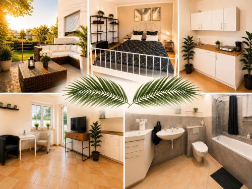 a collage of three pictures of a bedroom at Palmen Apartment direkt in Bad Aibling in Bad Aibling