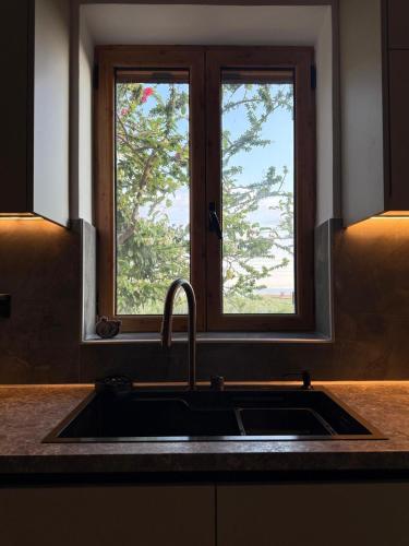 a kitchen sink with a window above a kitchen counter at Villa Panόrama in Riglia