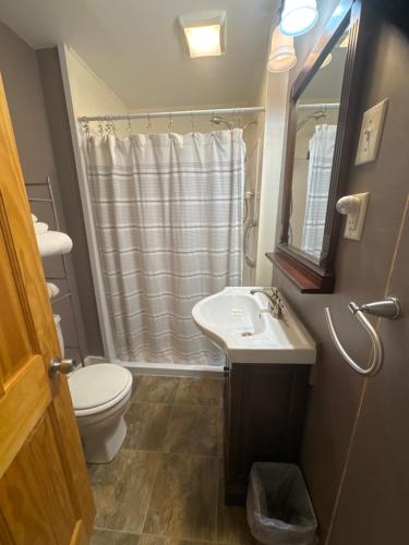 a bathroom with a sink and a toilet and a mirror at The old parsonage bed and breakfast in Kennebunkport
