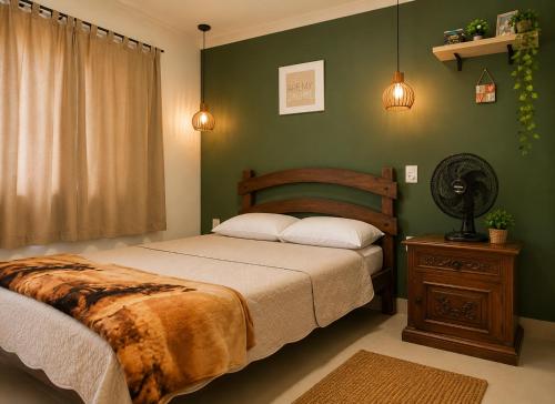 a bedroom with a bed and a green wall at Flat com Jacuzzi - Cantinho do Lago 2 in Capitólio
